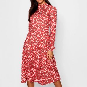 BooHoo-High Neck Long Sleeve Dalmatian Print Midi Dress, Size 4, red & white
